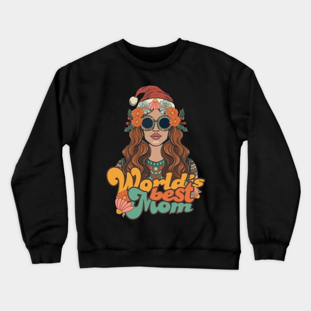 World's best mom with hippie christmas hat Crewneck Sweatshirt by Kuku Craft